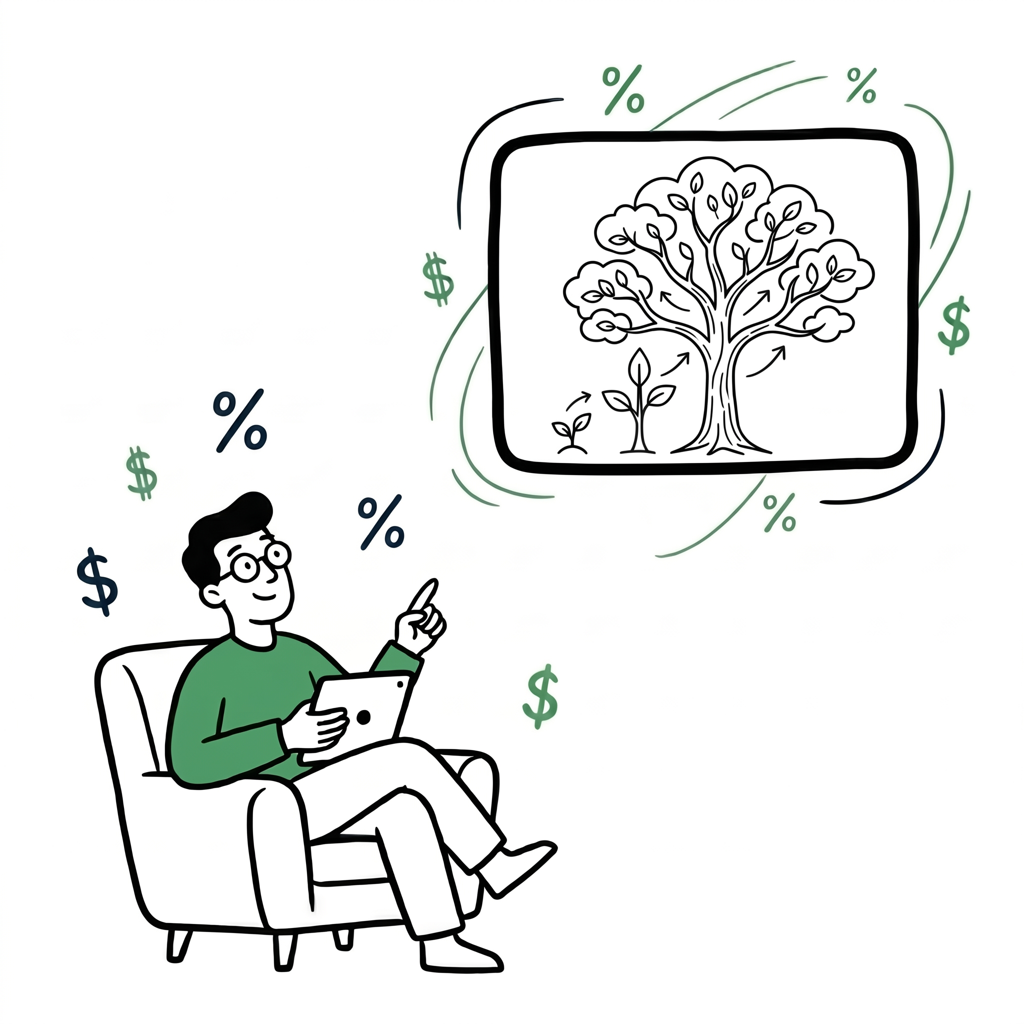 A confident investor in a green shirt, relaxed in a chair, pointing toward the rate card