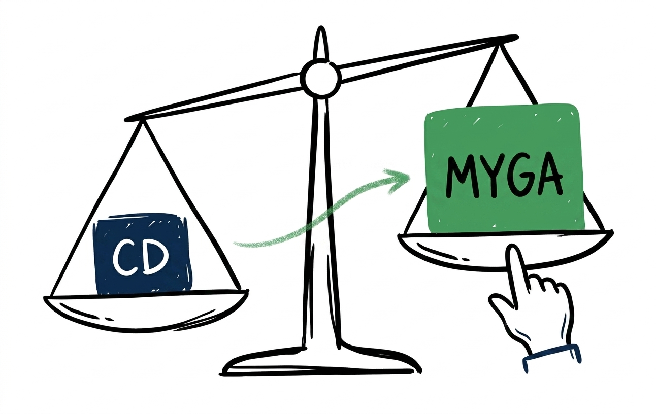 A scale tipping heavily in favor of a green MYGA block over a bank CD