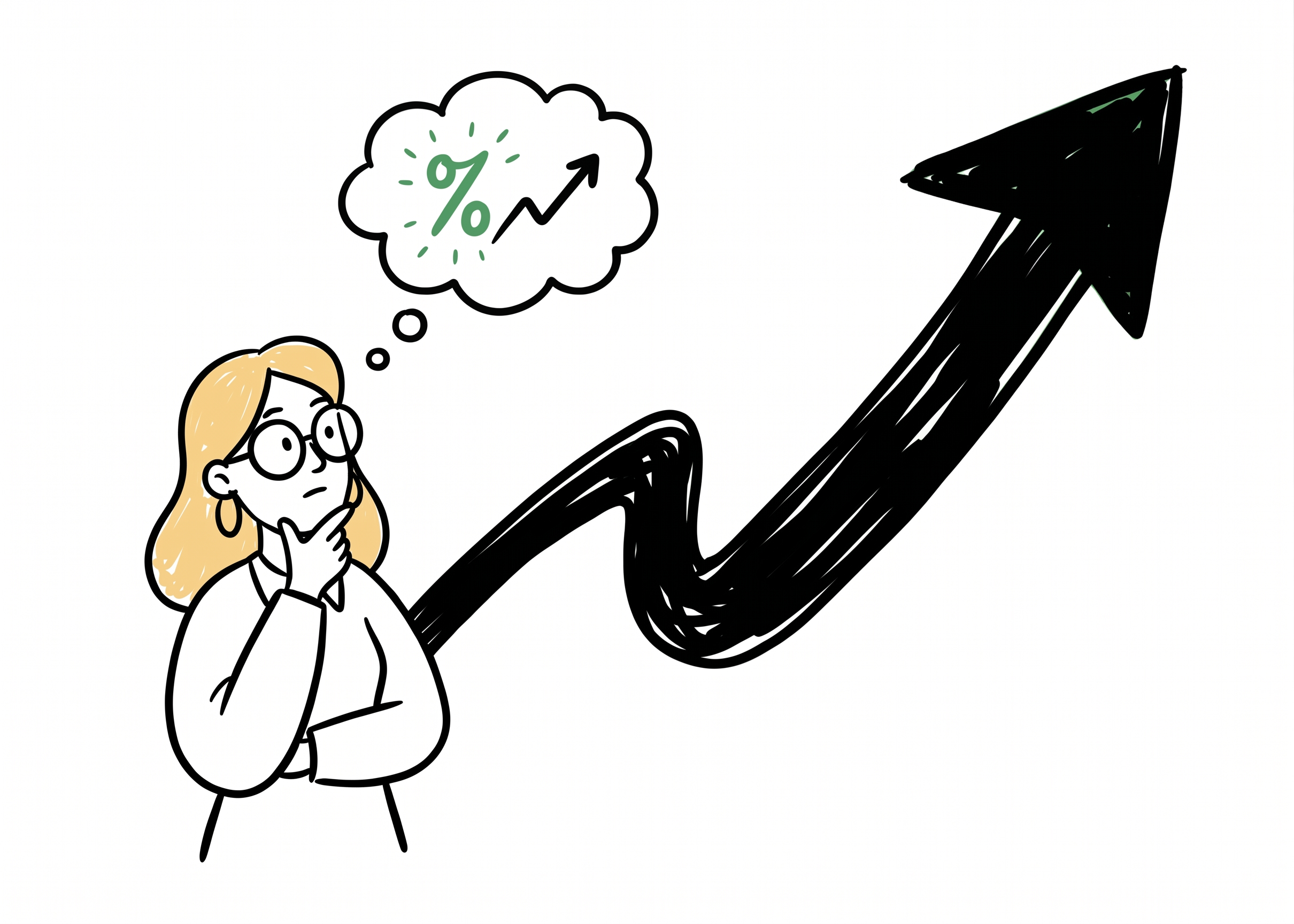 A blonde woman with glasses, looking up thoughtfully, pondering growth